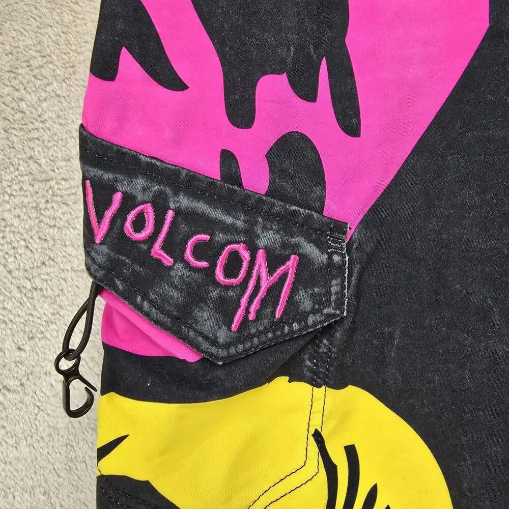 Vintage Volcom Board Shorts Mens 34 Black Y2K Neon Skull Swim Surf Artist Series